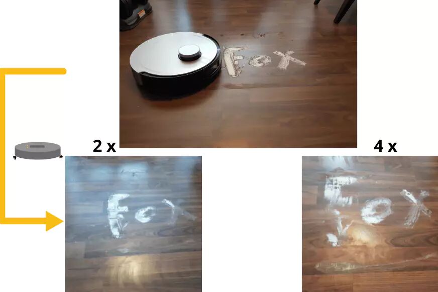 The mop test result of the Ecovacs Deebot X1 OMNI on the laminate floor is clearly displayed.